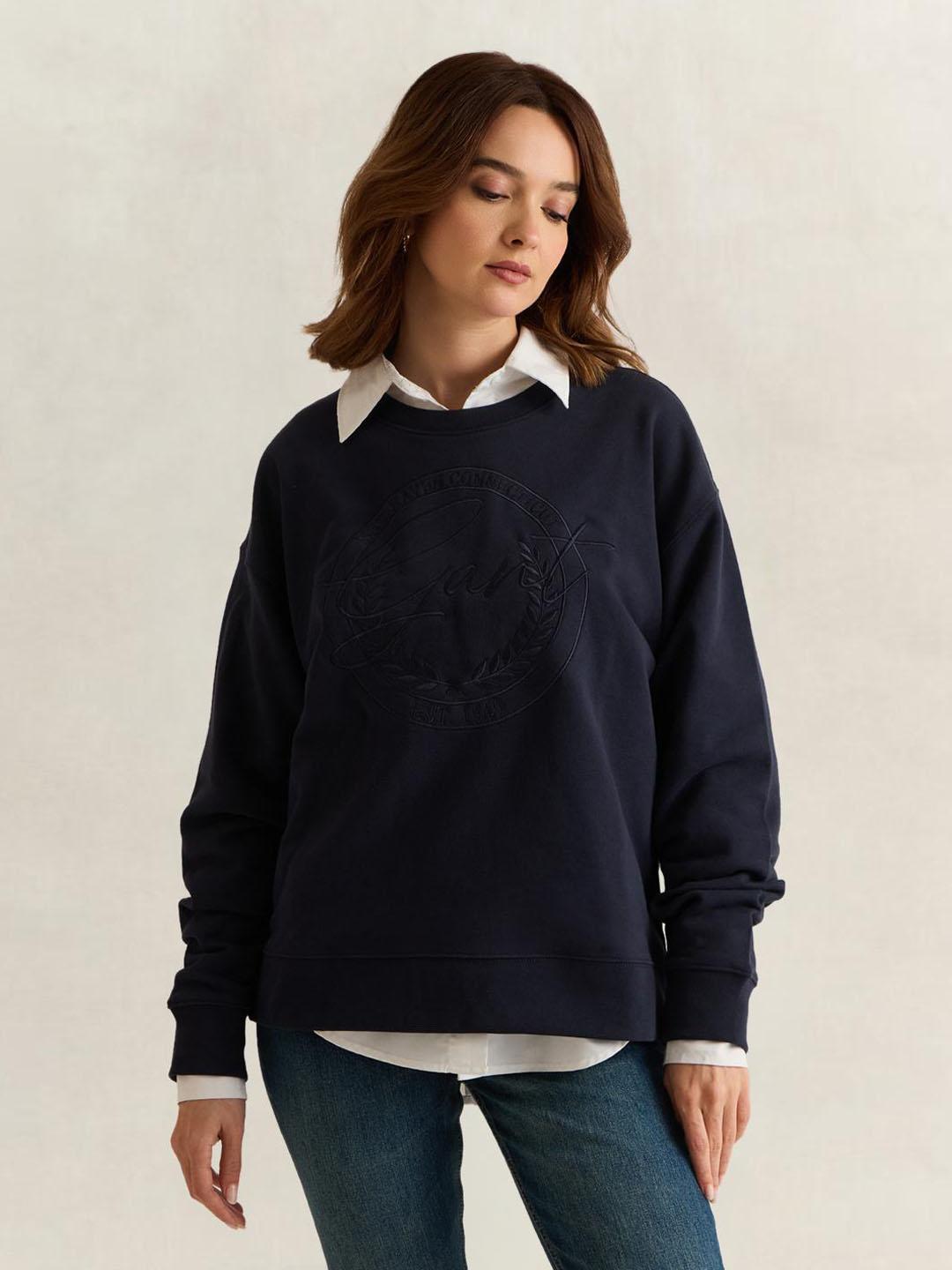 Gant Women Navy Blue Graphic Relaxed Fit Cotton Sweatshirt