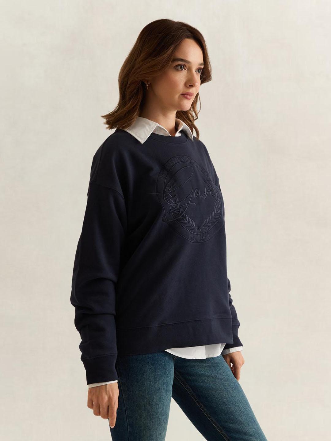 Gant Women Navy Blue Graphic Relaxed Fit Cotton Sweatshirt