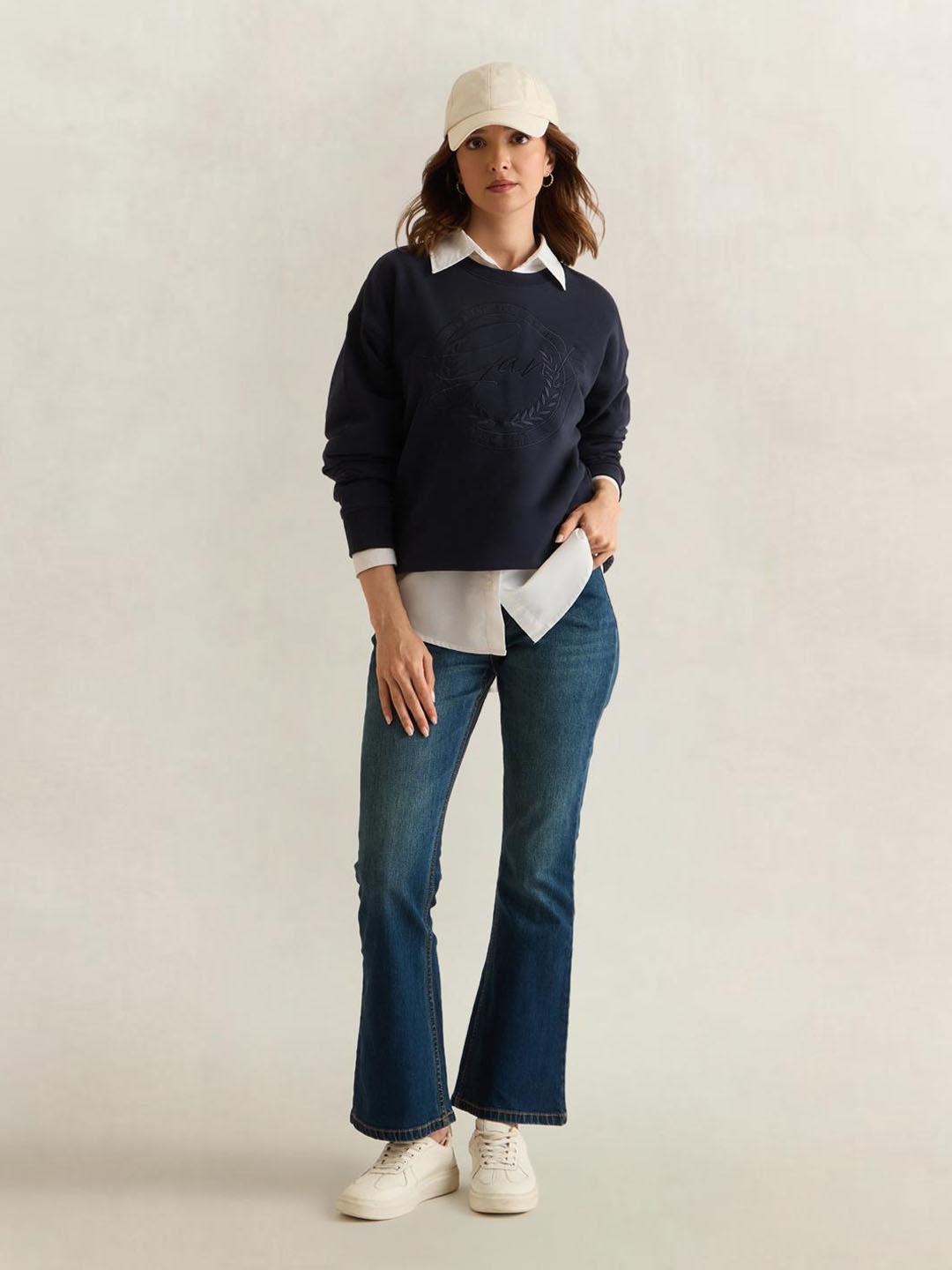 Gant Women Navy Blue Graphic Relaxed Fit Cotton Sweatshirt