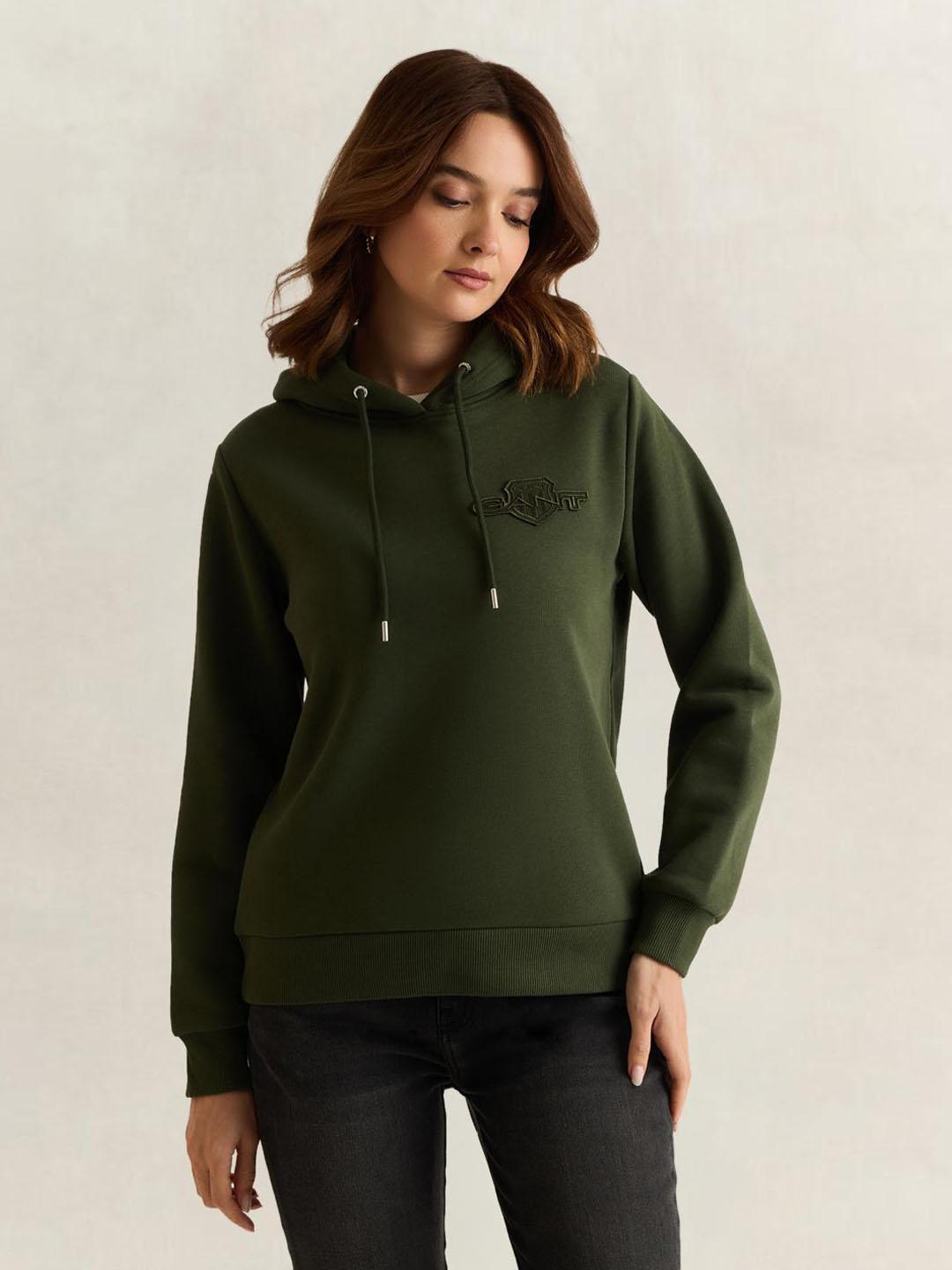 Gant Women Green Solid Regular Fit Hoodie