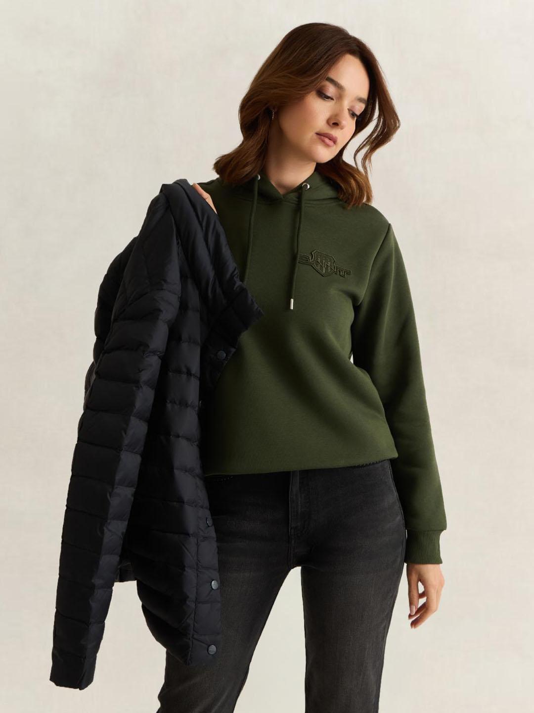 Gant Women Green Solid Regular Fit Hoodie