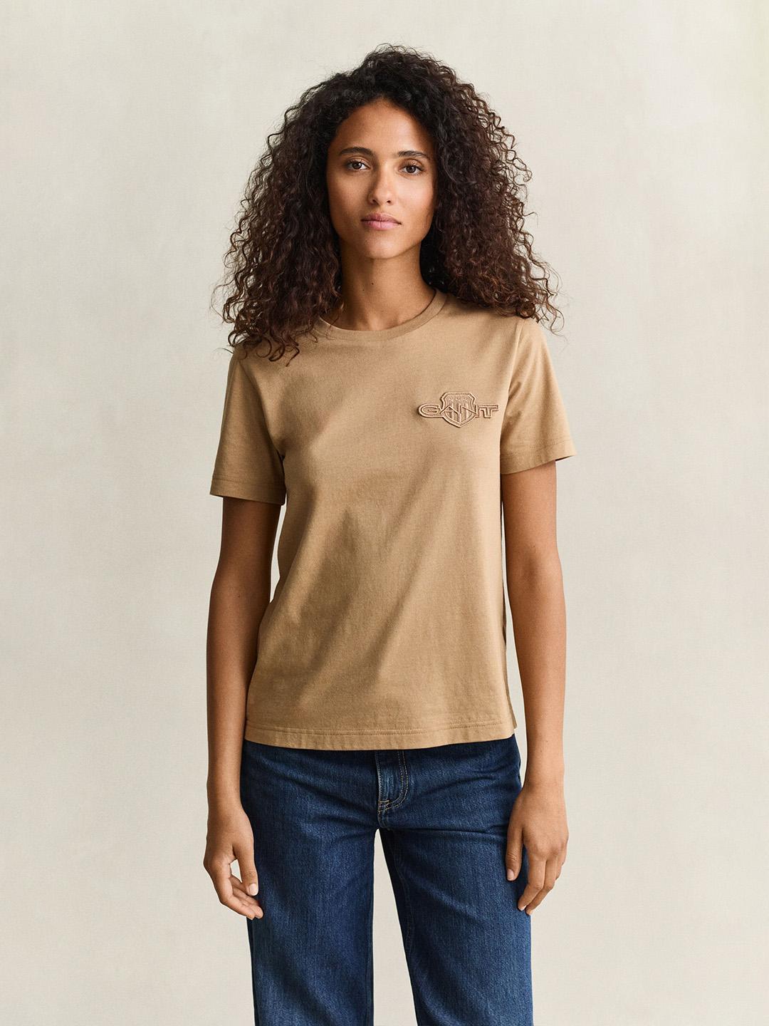 Gant Women Brown Regular Fit Solid Cotton T-Shirt