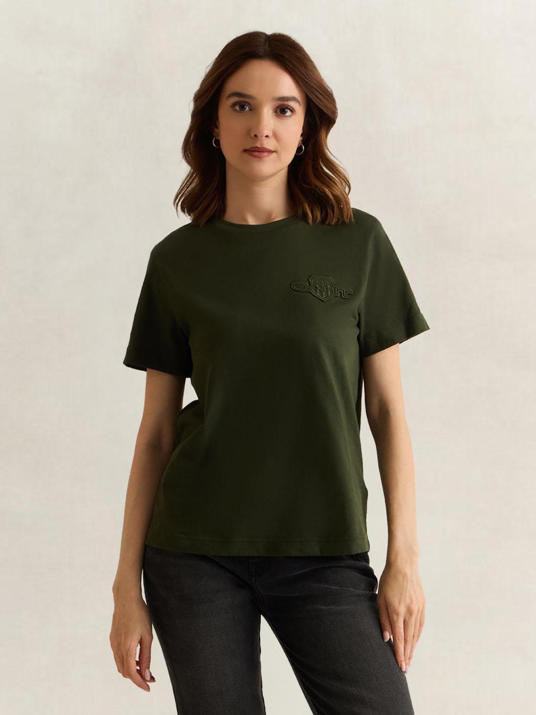 Gant Women Green Solid Regular Fit Cotton T-Shirt