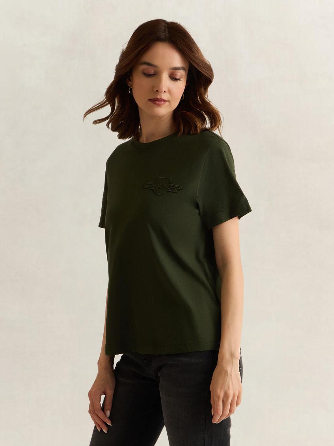 Gant Women Green Solid Regular Fit Cotton T-Shirt