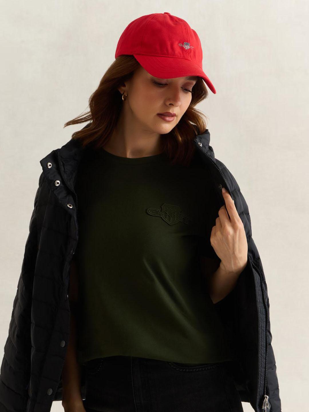Gant Women Green Solid Regular Fit Cotton T-Shirt