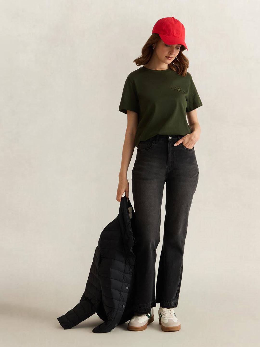Gant Women Green Solid Regular Fit Cotton T-Shirt