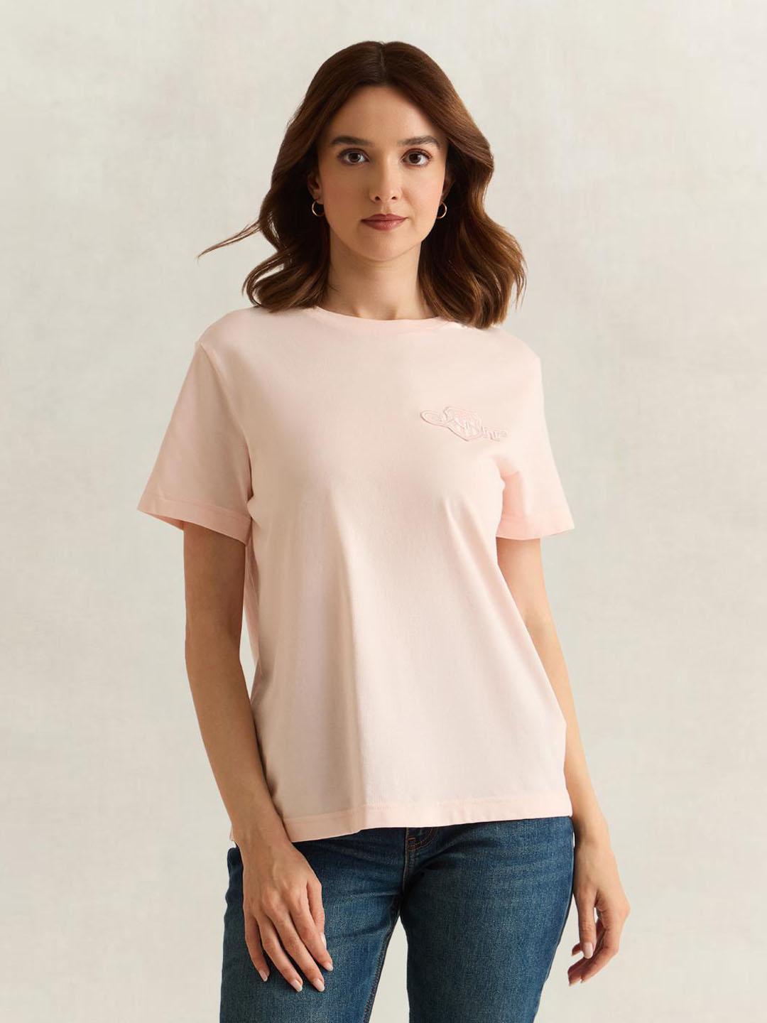Gant Women Pink Solid Regular Fit Cotton T-Shirt