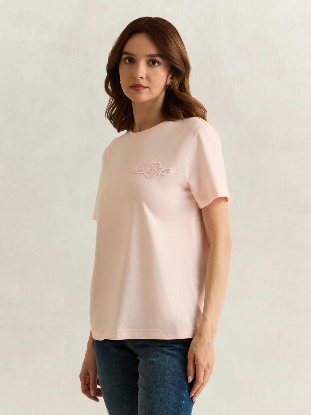 Gant Women Pink Solid Regular Fit Cotton T-Shirt