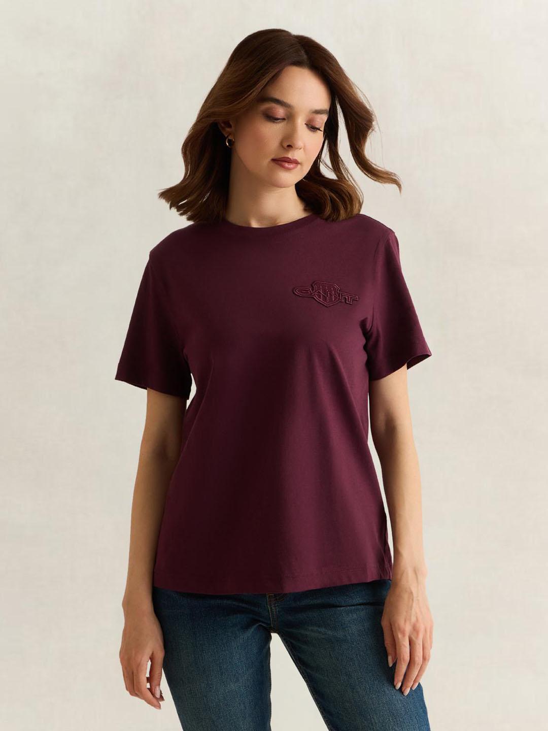 Gant Women Wine Solid Regular Fit Cotton T-Shirt