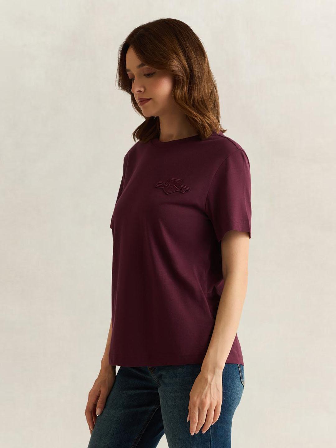 Gant Women Wine Solid Regular Fit Cotton T-Shirt