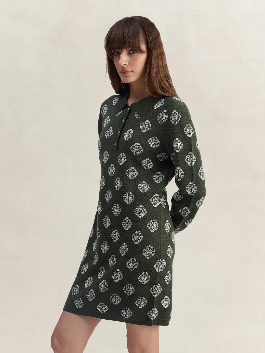 Gant Women Green Regular Fit Graphic Merinowool Dress