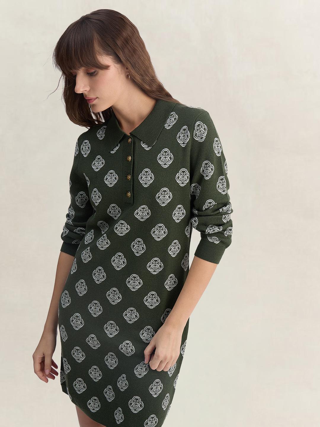 Gant Women Green Regular Fit Graphic Merinowool Dress