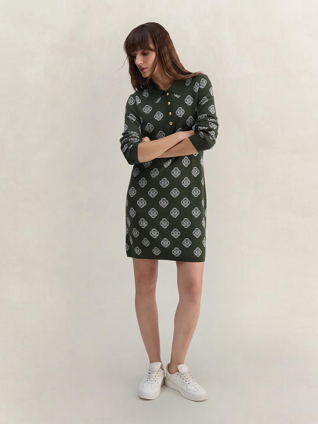 Gant Women Green Regular Fit Graphic Merinowool Dress