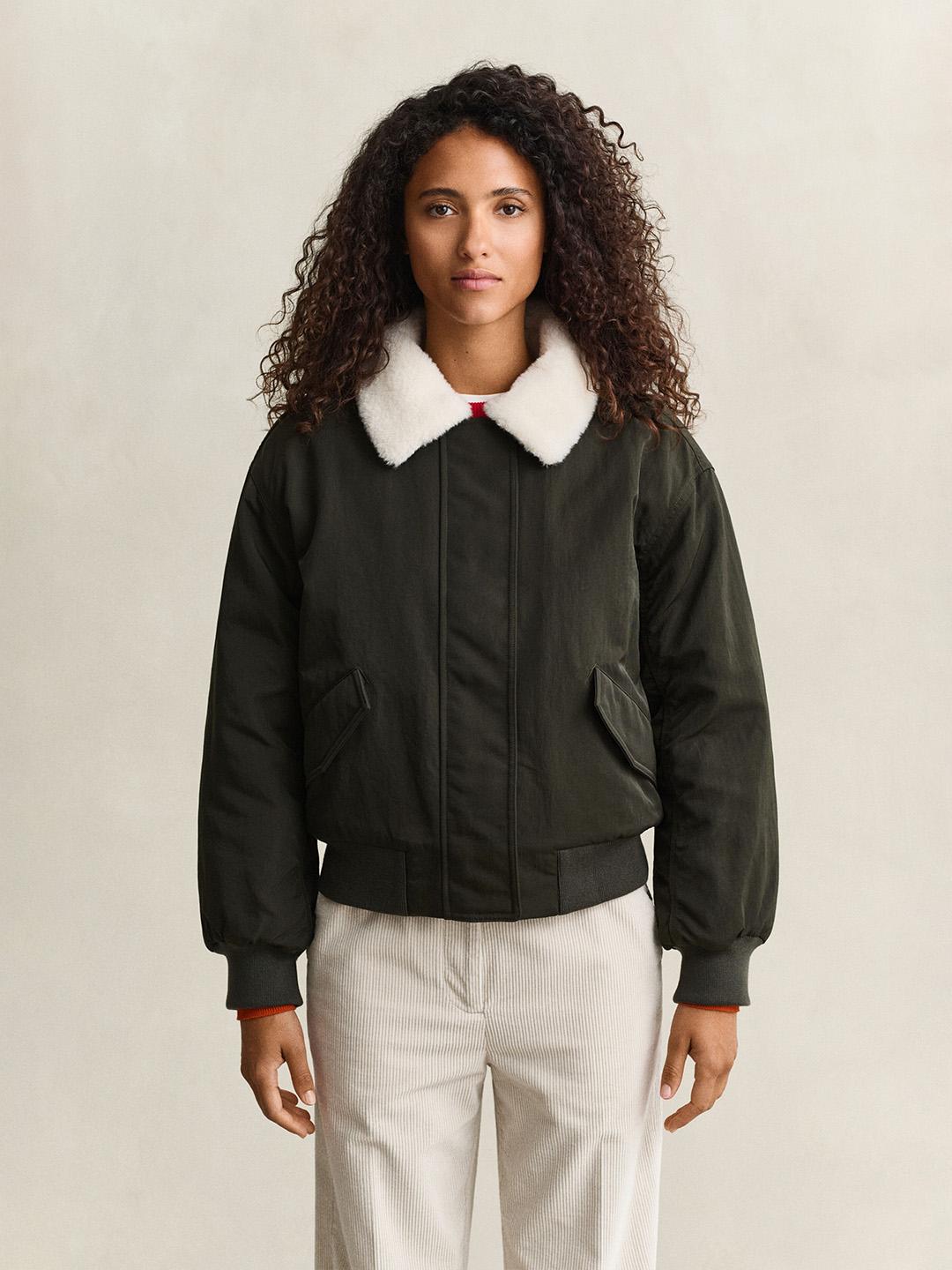 Gant Women Green Relaxed Fit Solid Padded Bomber Jacket