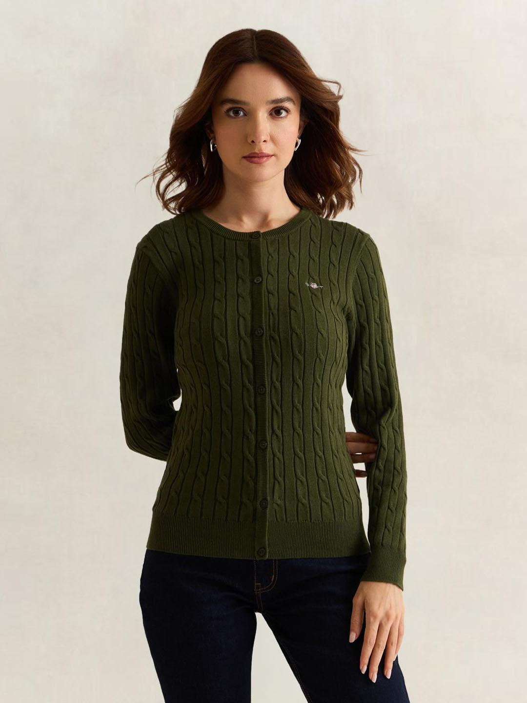 Gant Women Olive Solid Slim Fit Cardigan