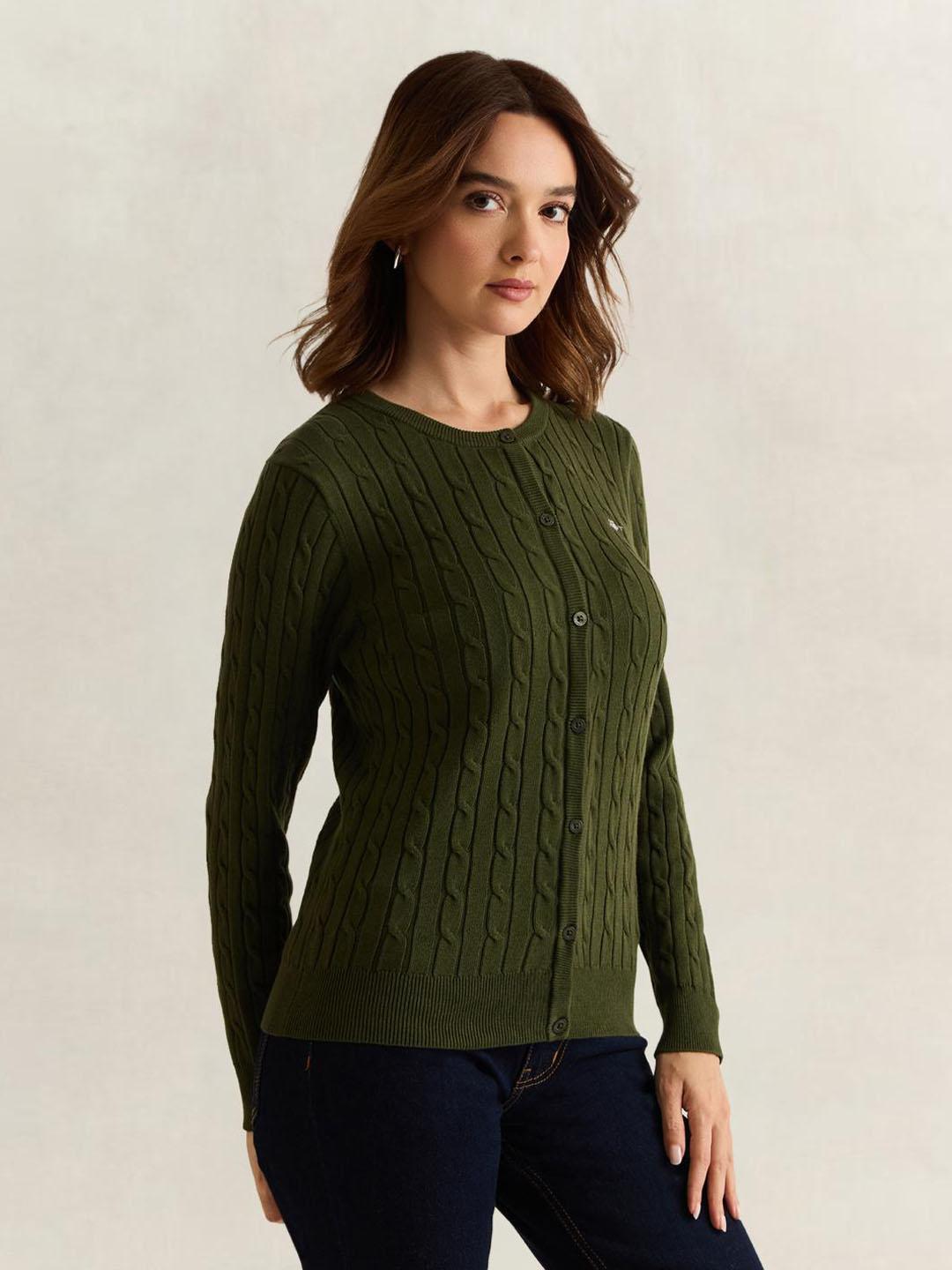Gant Women Olive Solid Slim Fit Cardigan