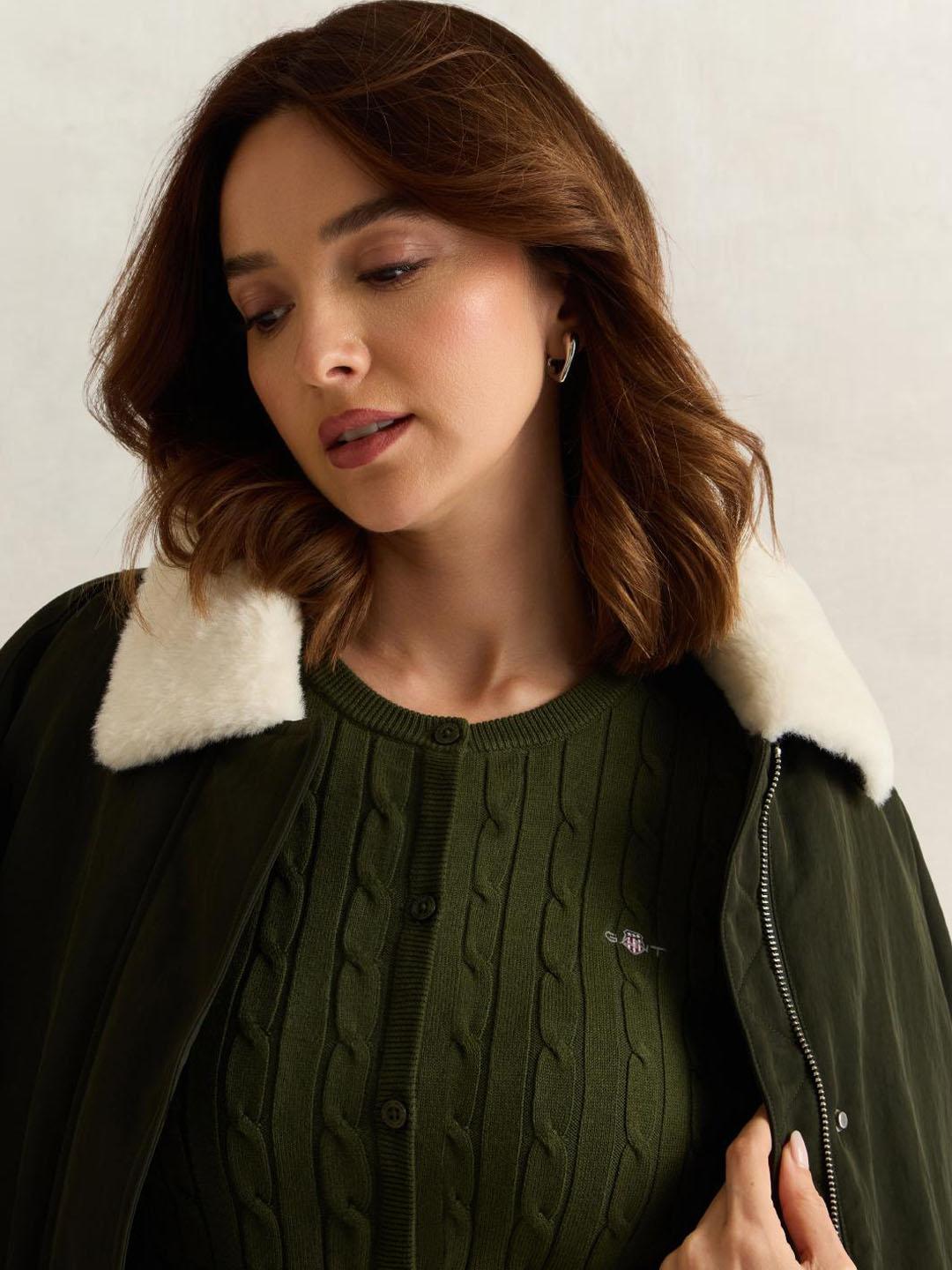 Gant Women Olive Solid Slim Fit Cardigan