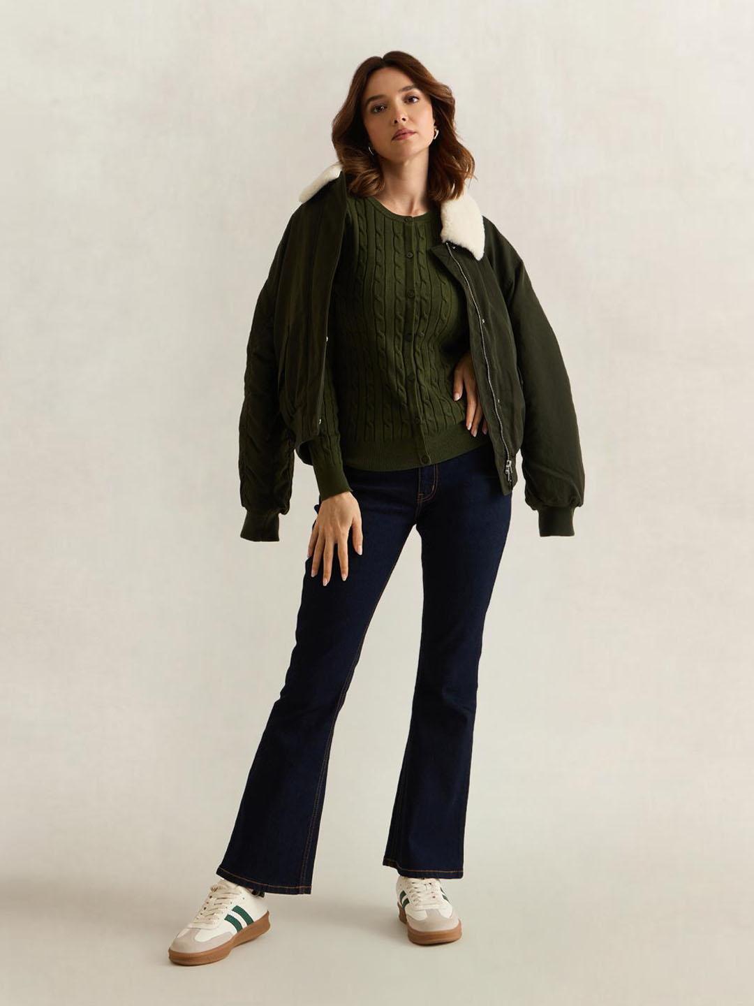 Gant Women Olive Solid Slim Fit Cardigan