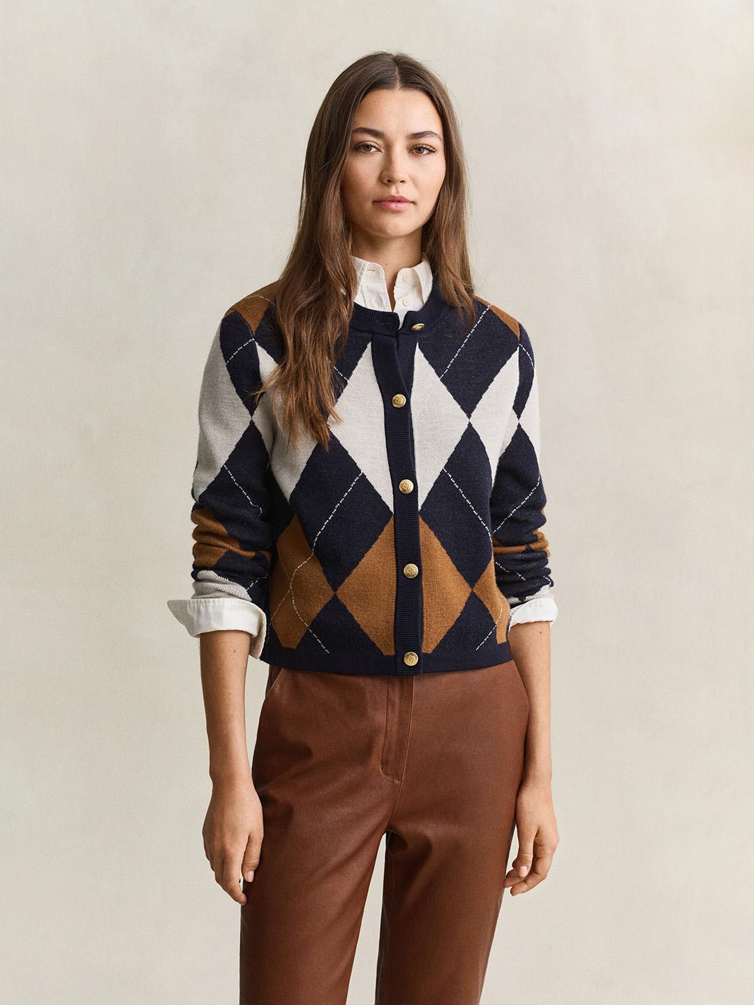 Gant Women Dark Blue Regular Fit Argyle Merinowool Cardigan