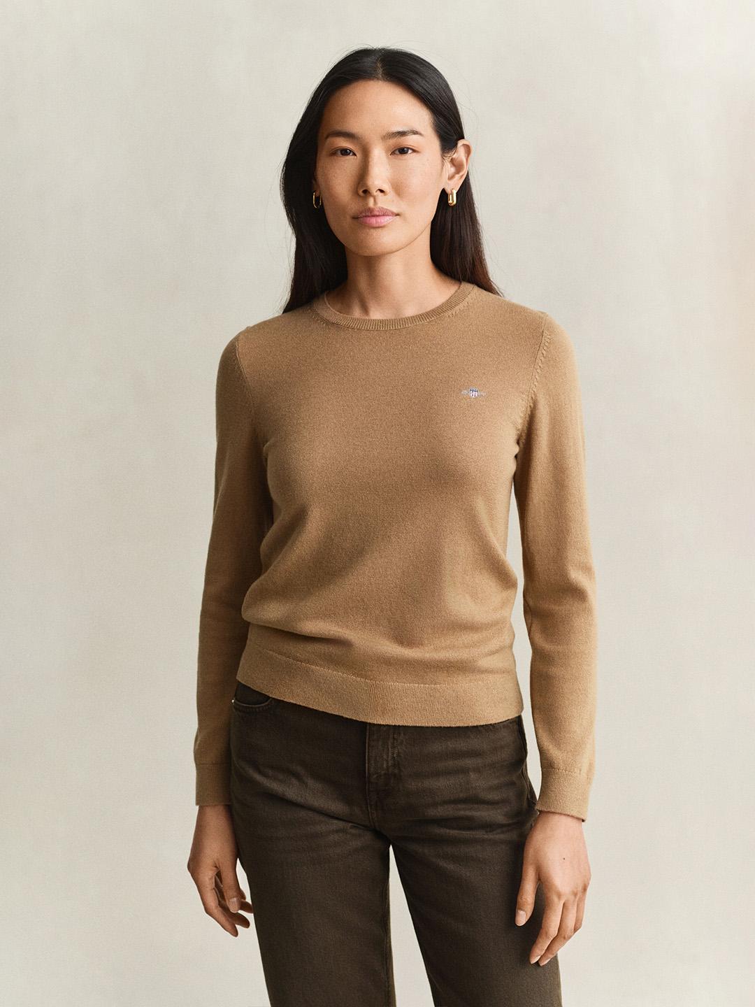 Gant Women Brown Regular Fit Solid Wool Cotton Sweater