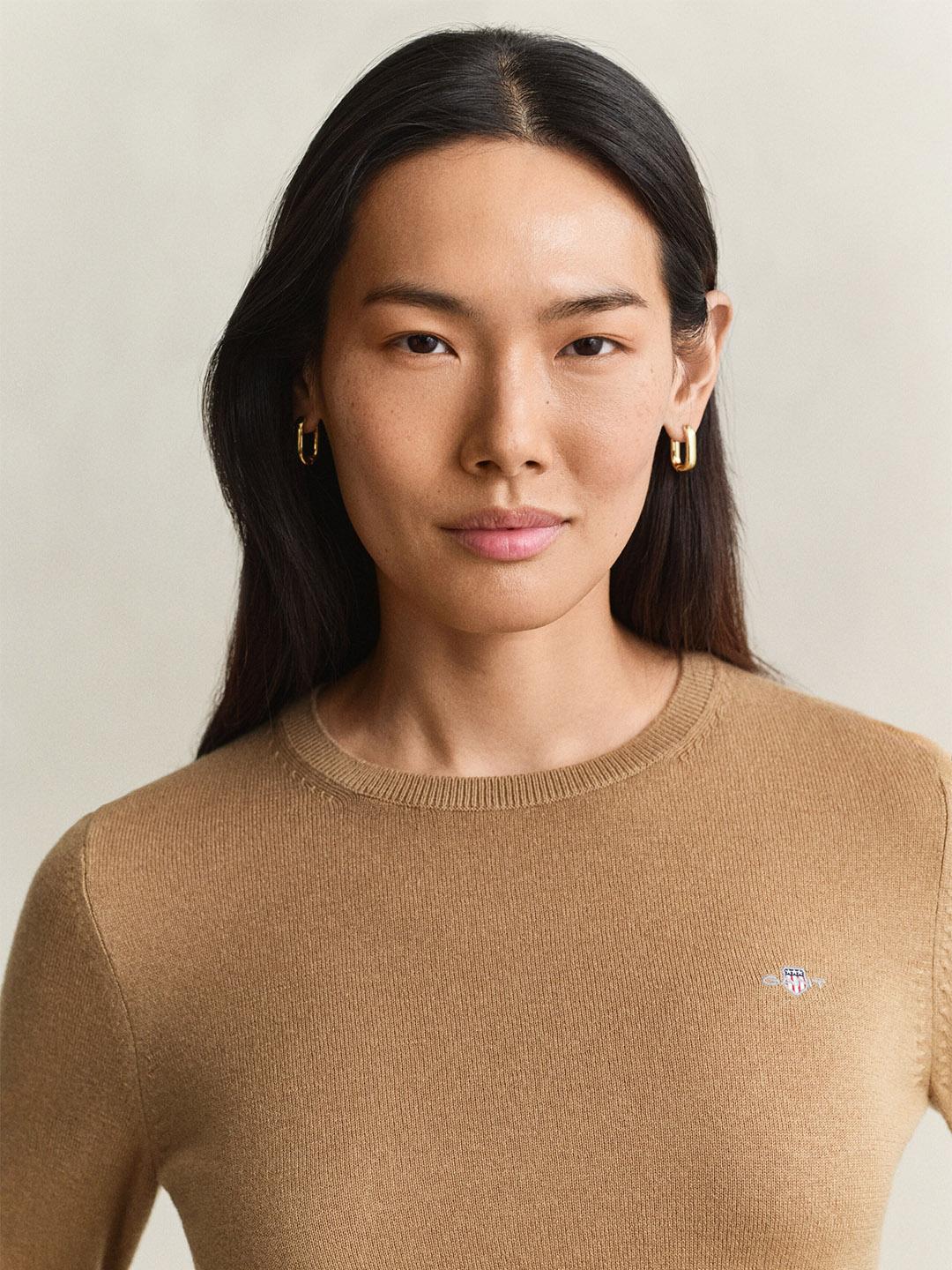 Gant Women Brown Regular Fit Solid Wool Cotton Sweater