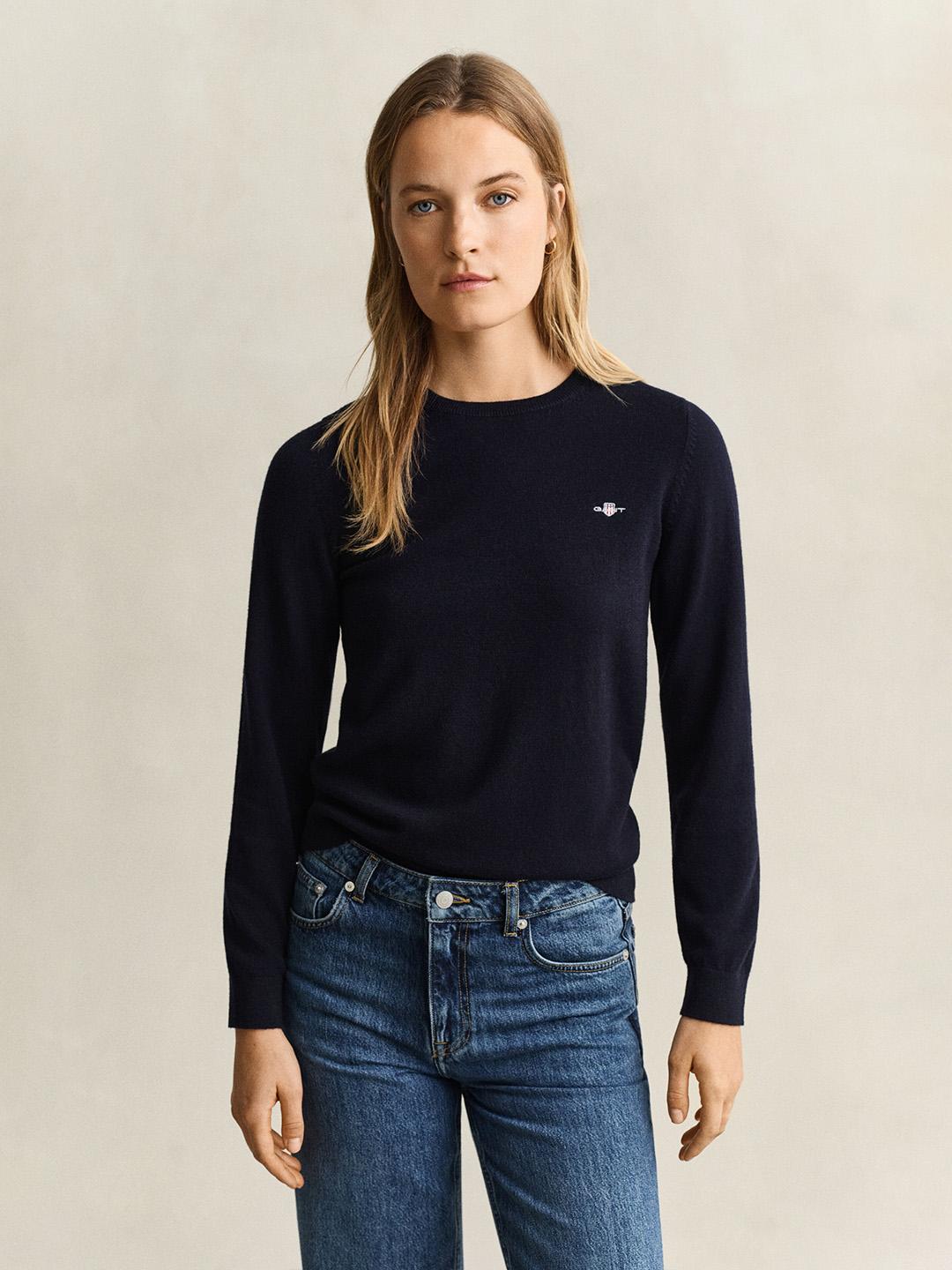 Gant Women Blue Regular Fit Solid Wool Cotton Sweater