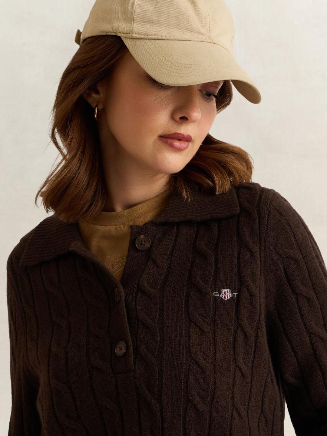 Gant Women Brown Textured Regular Fit Lambswool Sweater