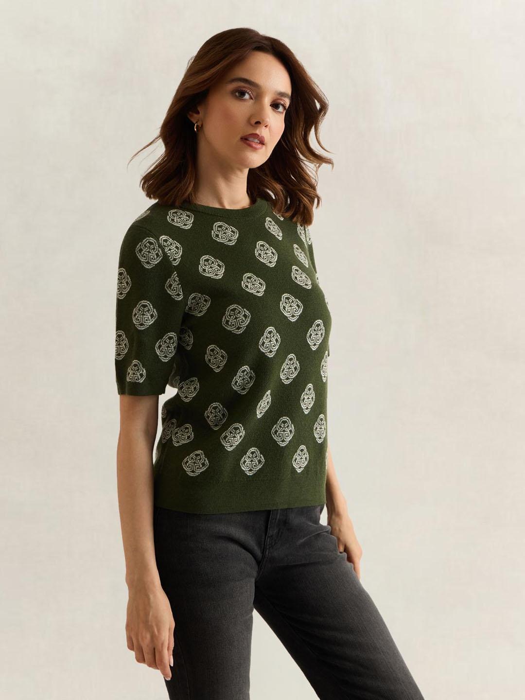 Gant Women Green Graphic Regular Fit Merinowool Jacquard Sweater