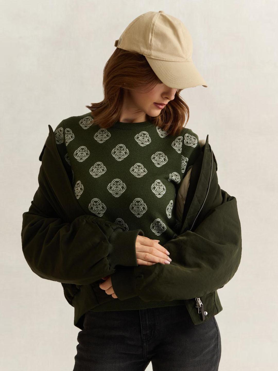 Gant Women Green Graphic Regular Fit Merinowool Jacquard Sweater