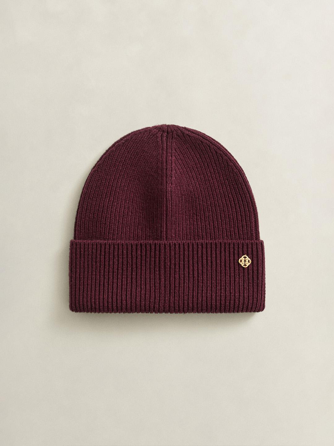 Gant Women Burgundy Regular Fit Solid Wool Beanies