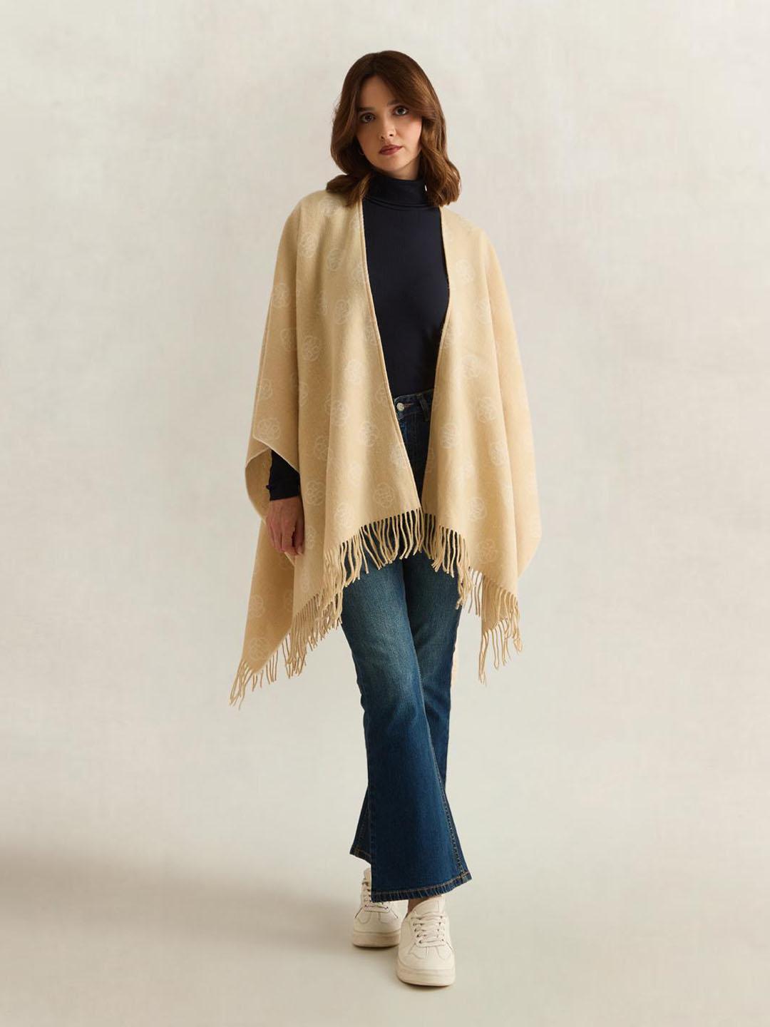 Gant Women Beige Printed Merinowool Monogram Poncho Scarf