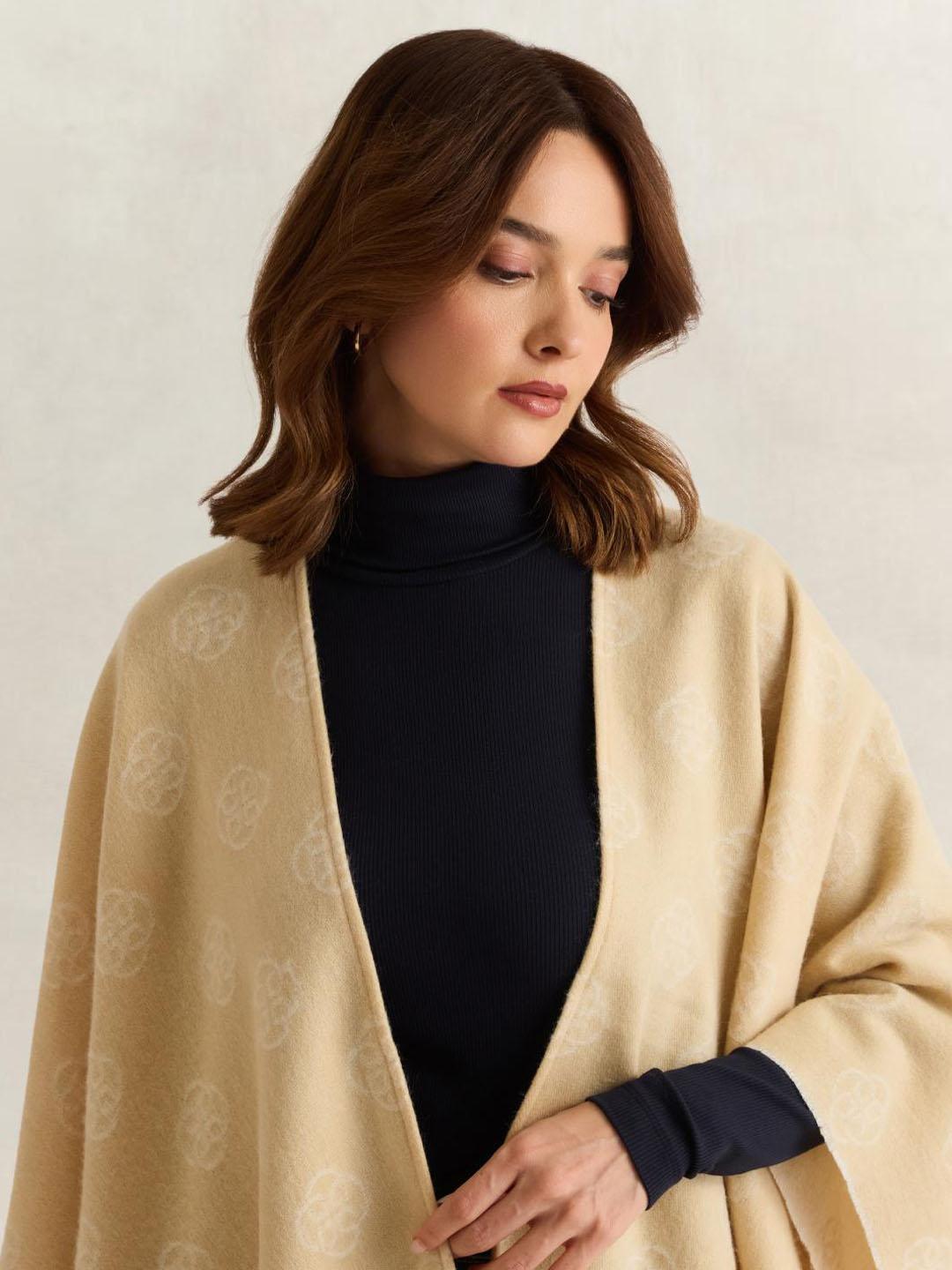 Gant Women Beige Printed Merinowool Monogram Poncho Scarf