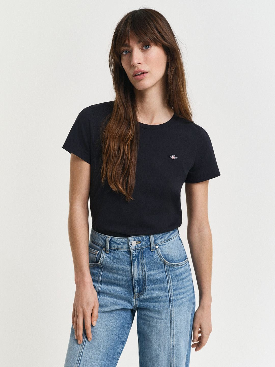 Gant Women Black Solid Regular Fit Pure Cotton T-Shirt