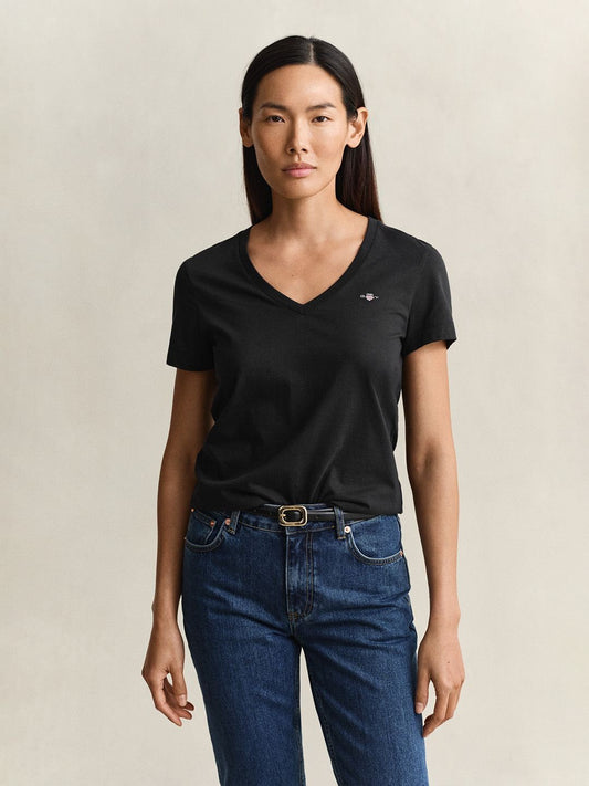 Gant Women Black Solid Regular Fit Pure Cotton T-Shirt