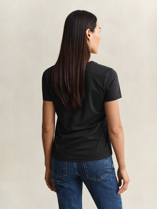 Gant Women Black Solid Regular Fit Pure Cotton T-Shirt