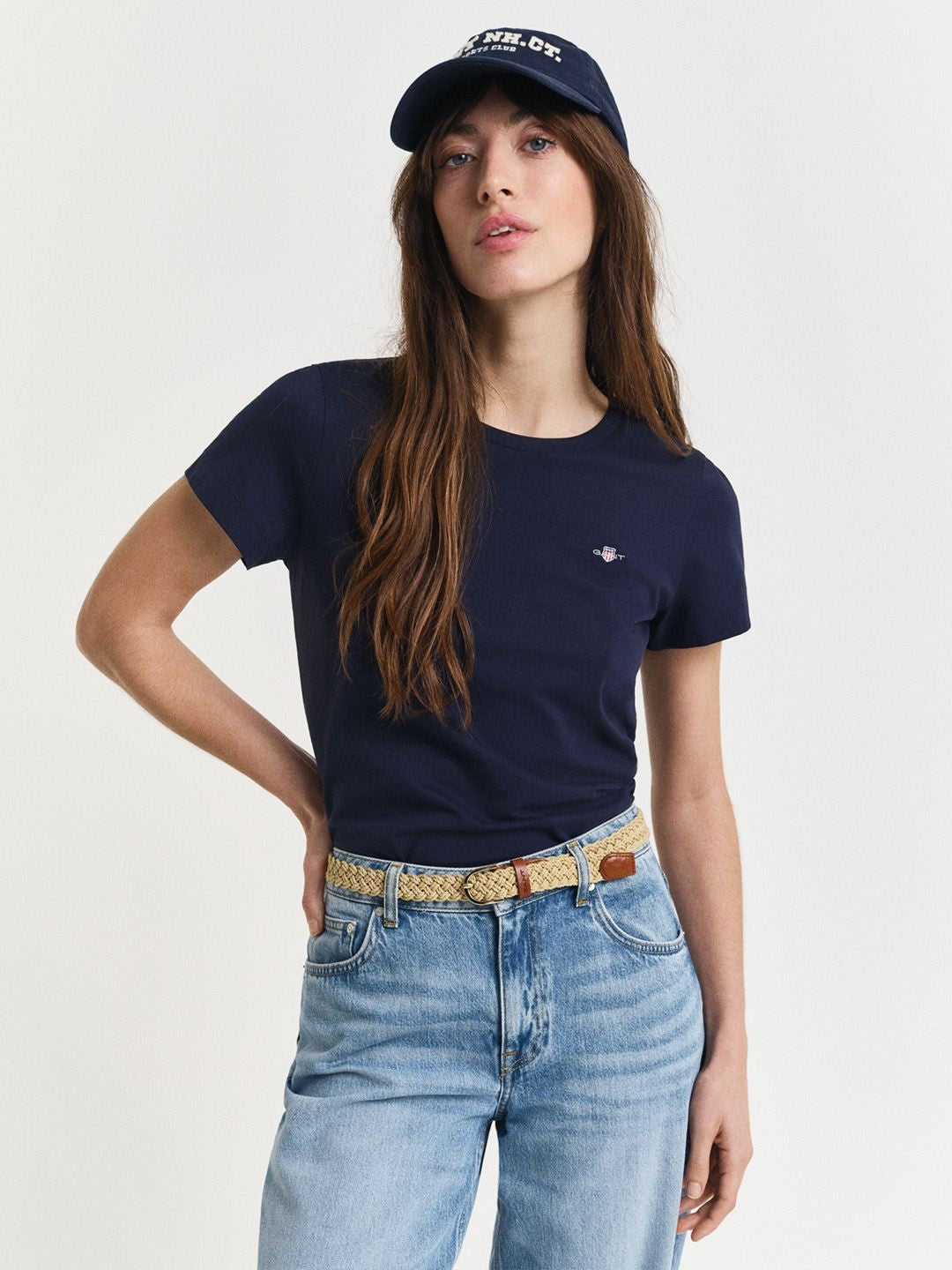 Gant Women Navy Blue Solid Regular Fit Pure Cotton T-Shirt