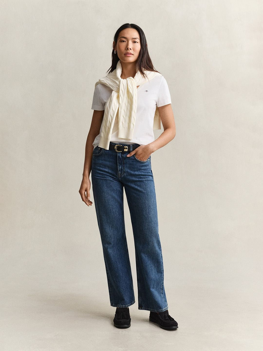 Gant Women White Solid Regular Fit Pure Cotton T-Shirt