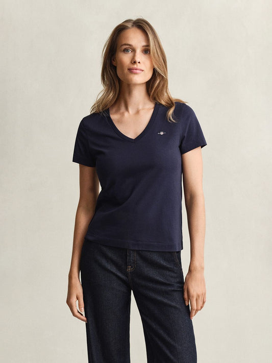 Gant Women Navy Blue Solid Regular Fit Pure Cotton T-Shirt