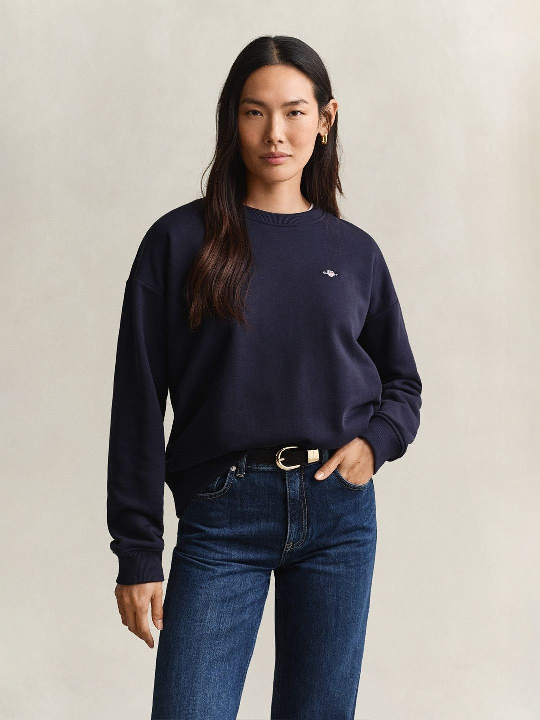 Gant Women Navy Blue Solid Relaxed Fit Sweatshirt