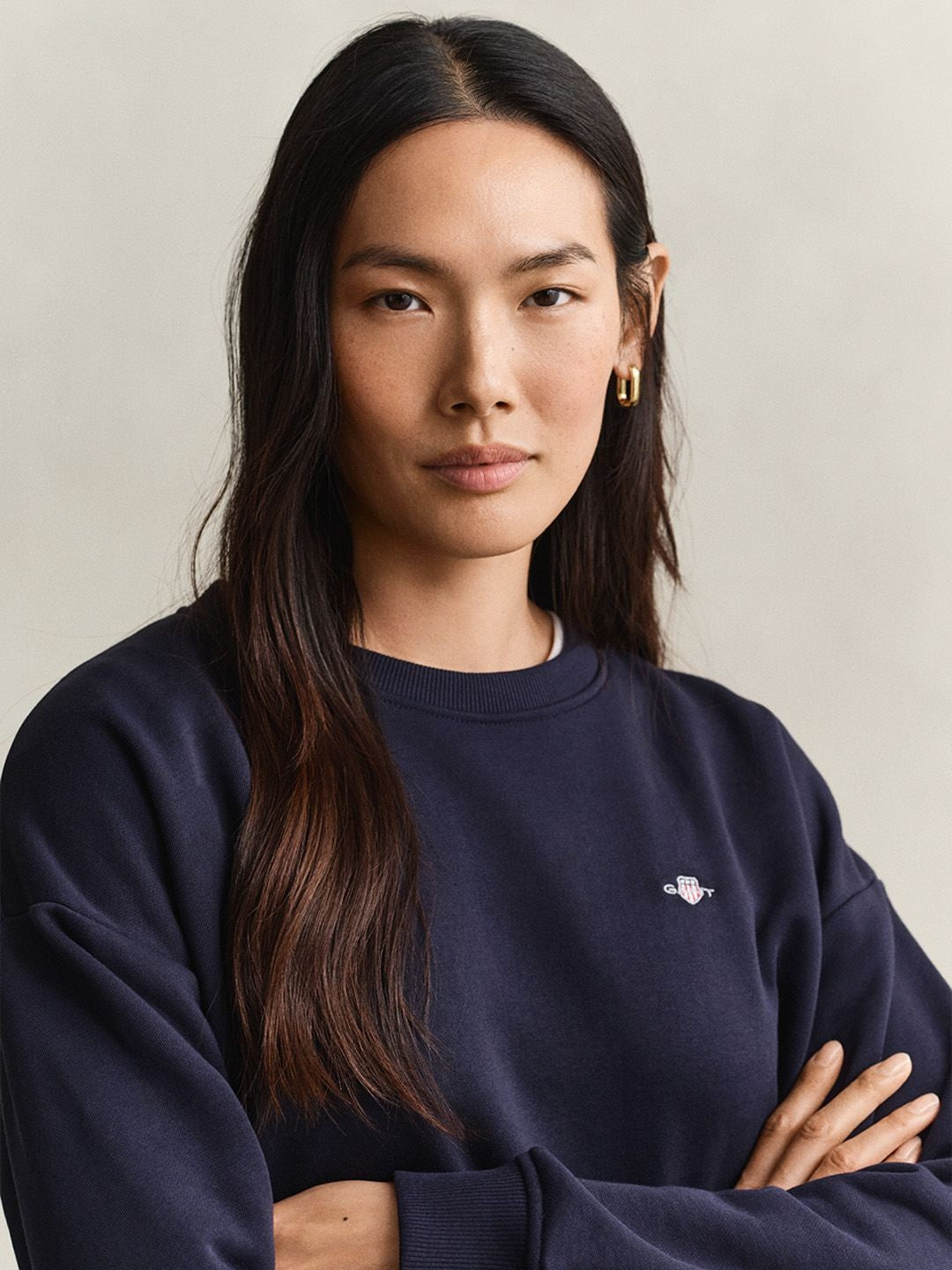 Gant Women Navy Blue Solid Relaxed Fit Sweatshirt