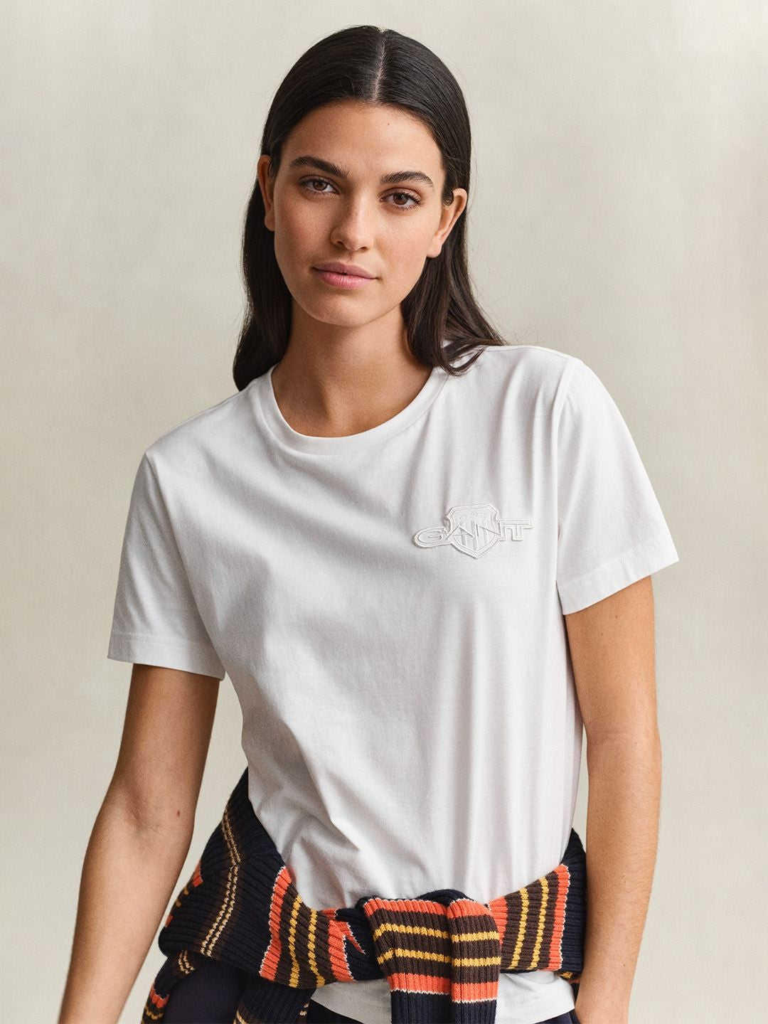 Gant Women White Solid Regular Fit Pure Cotton T-Shirt