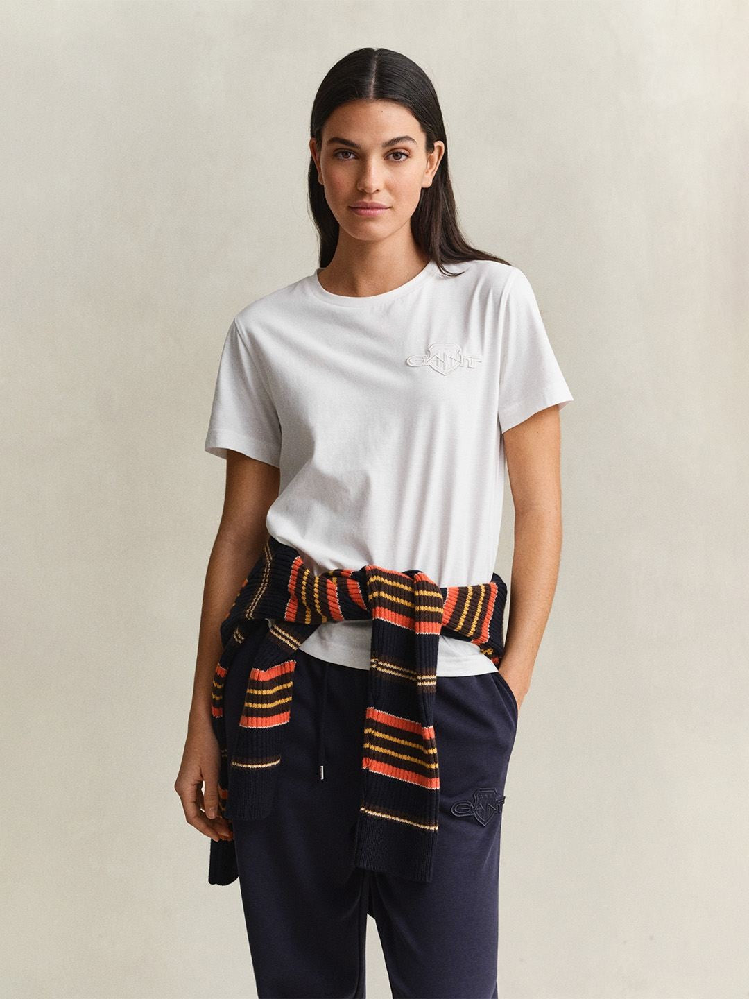 Gant Women White Solid Regular Fit Pure Cotton T-Shirt