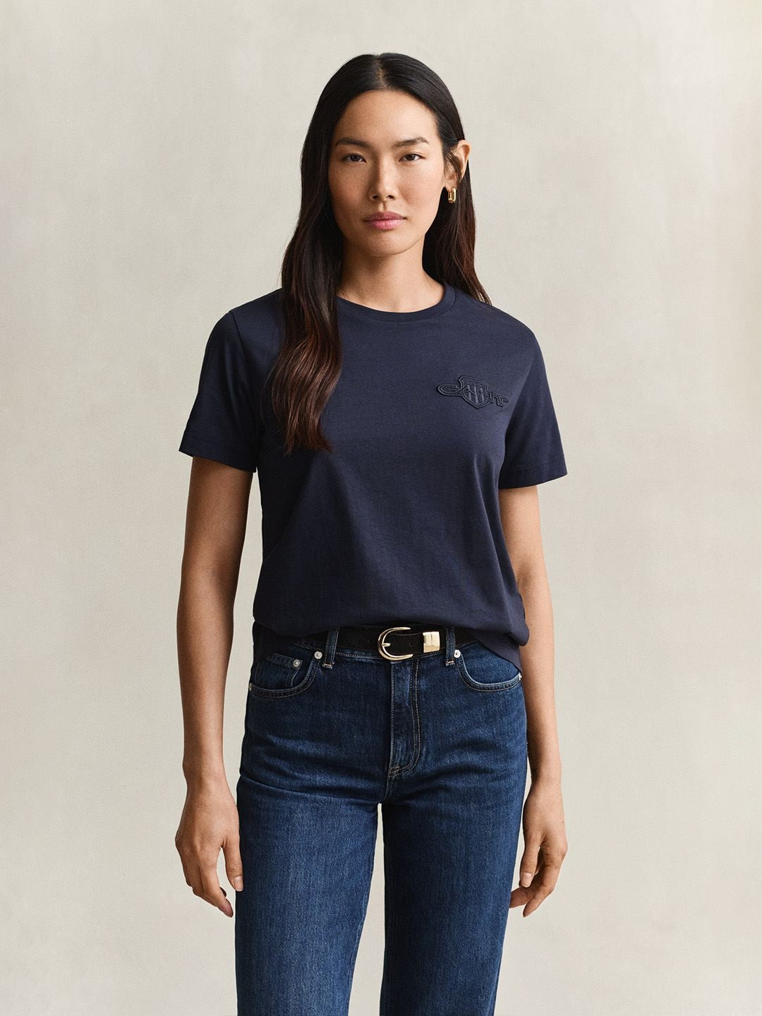 Gant Women Navy Blue Solid Regular Fit Pure Cotton T-Shirt