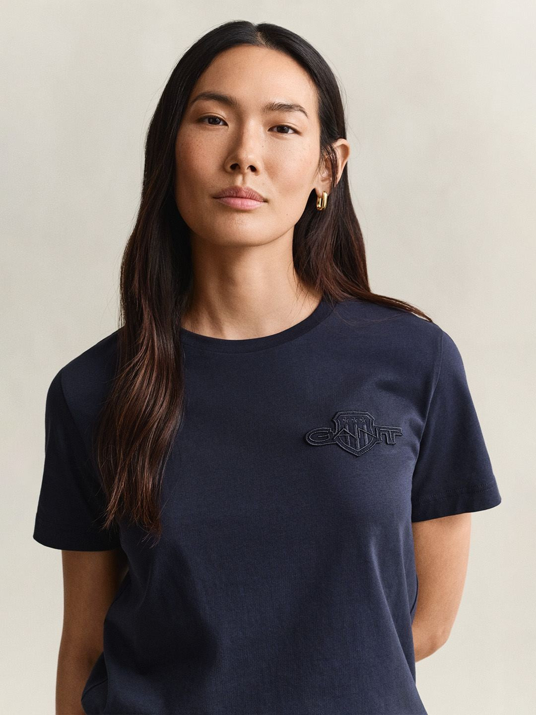 Gant Women Navy Blue Solid Regular Fit Pure Cotton T-Shirt