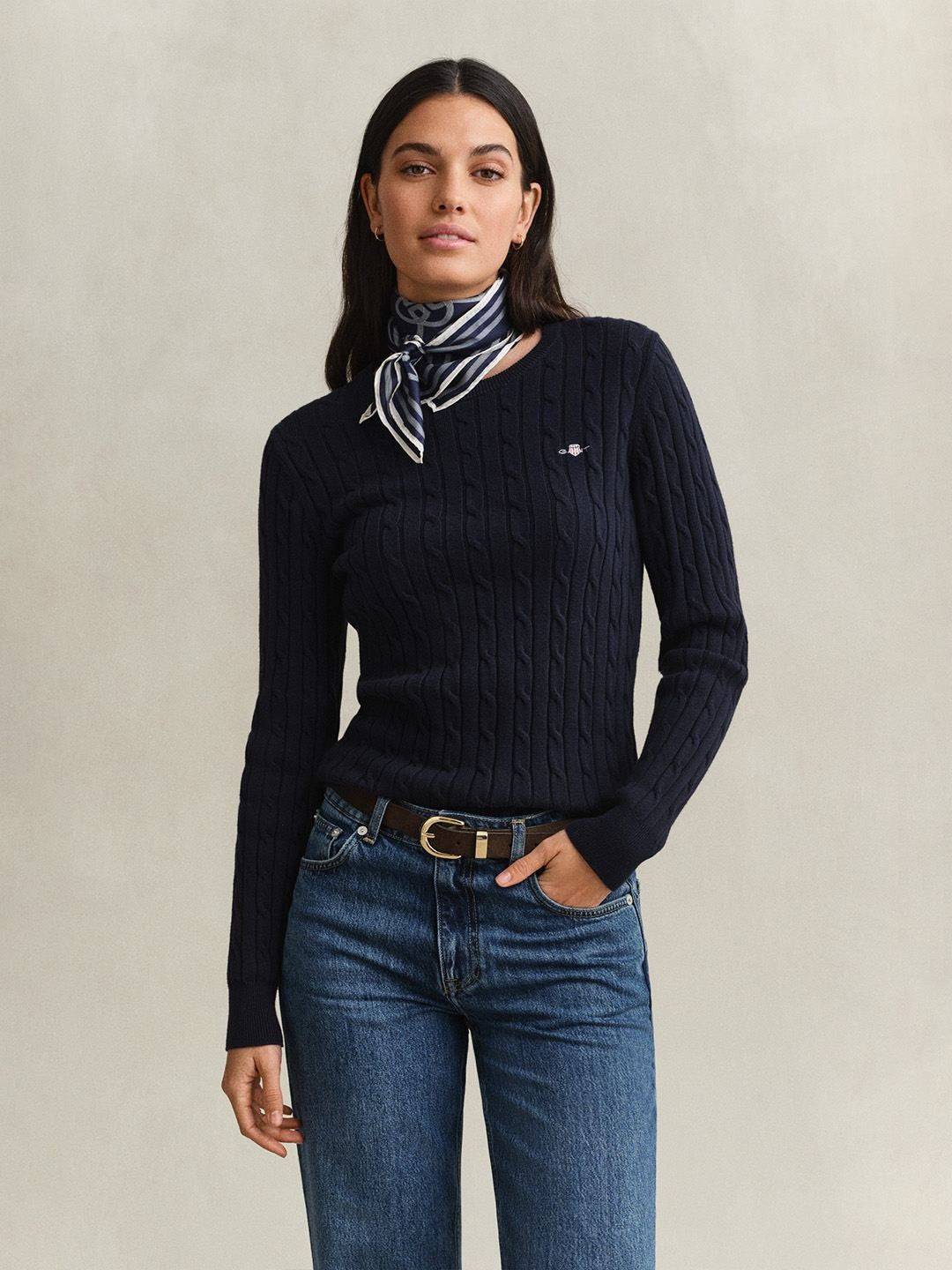 Gant Women Navy Blue Textured Slim Fit Sweater