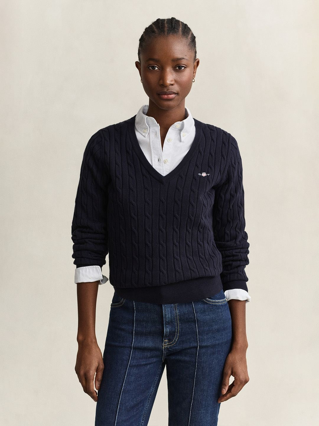 Gant Women Navy Blue Textured Slim Fit Sweater