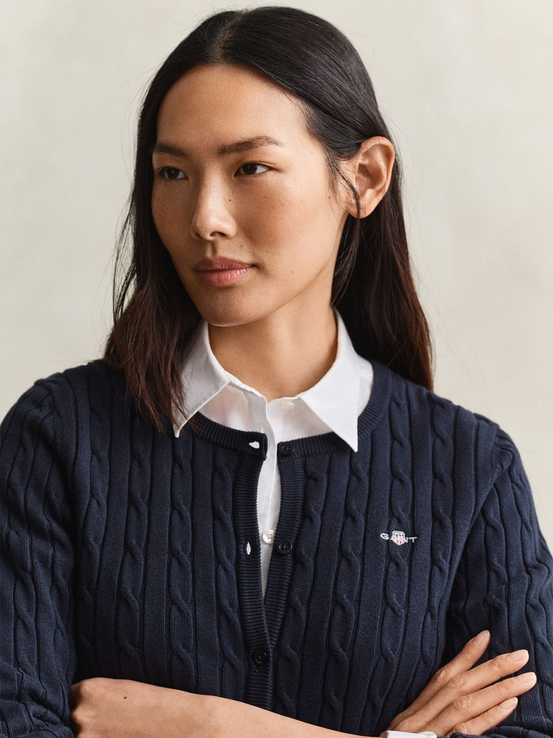 Gant Women Navy Blue Textured Slim Fit Sweater
