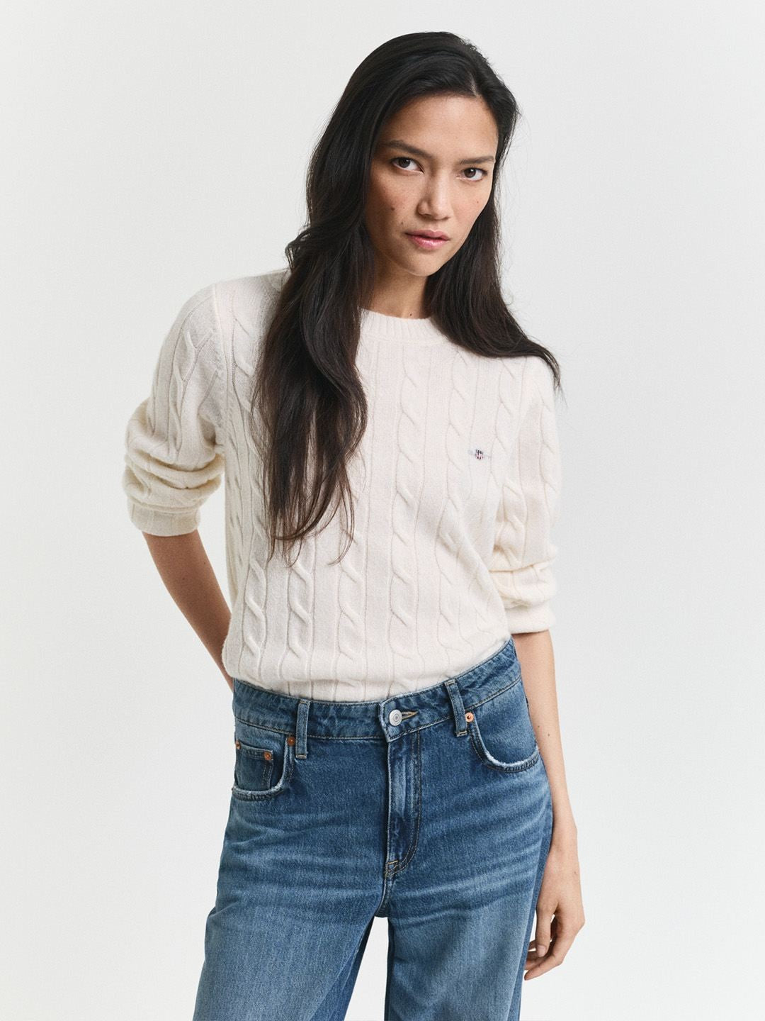 Gant Women Cream Textured Regular Fit Lambswool Sweater