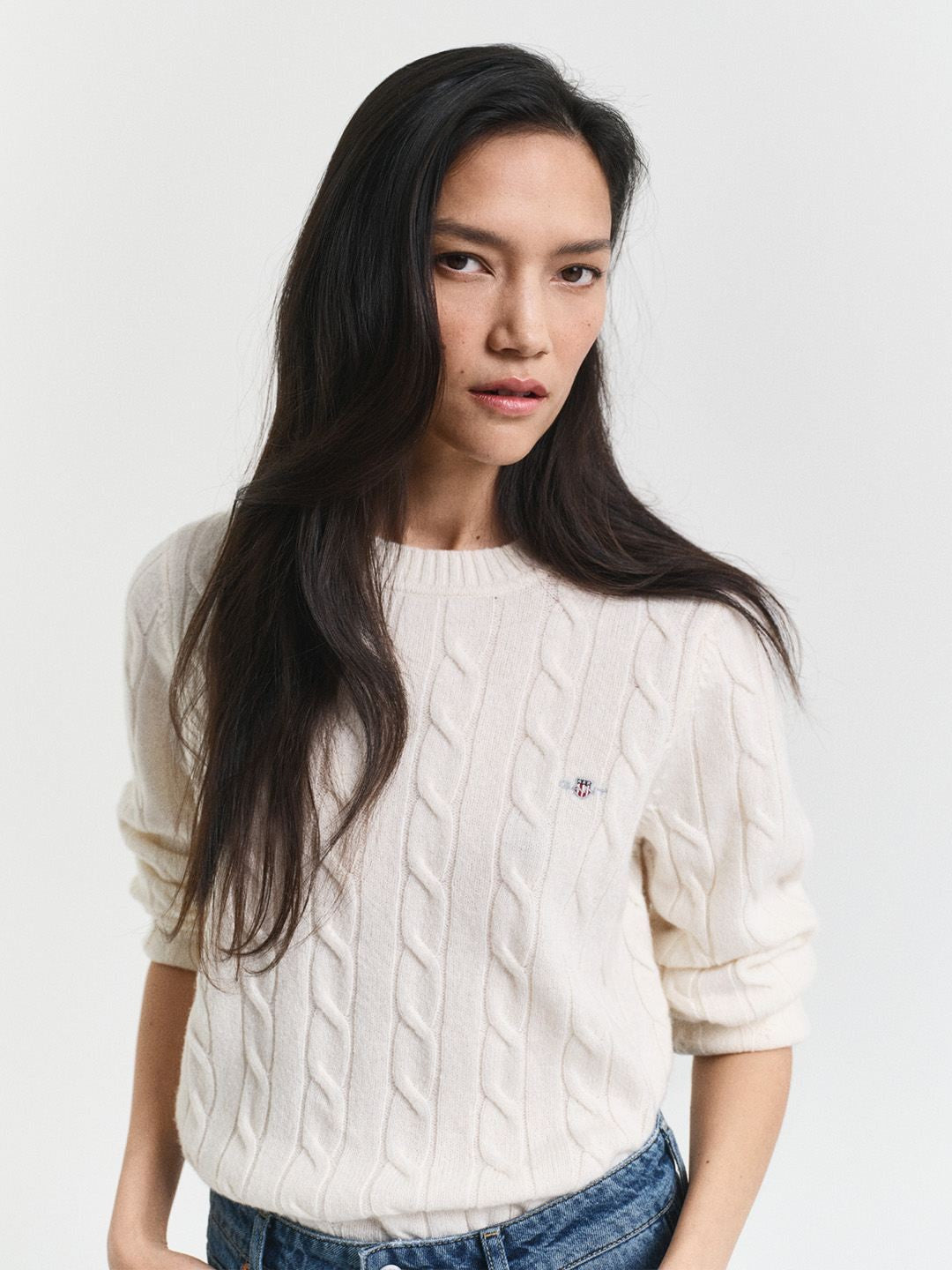 Gant Women Cream Textured Regular Fit Lambswool Sweater