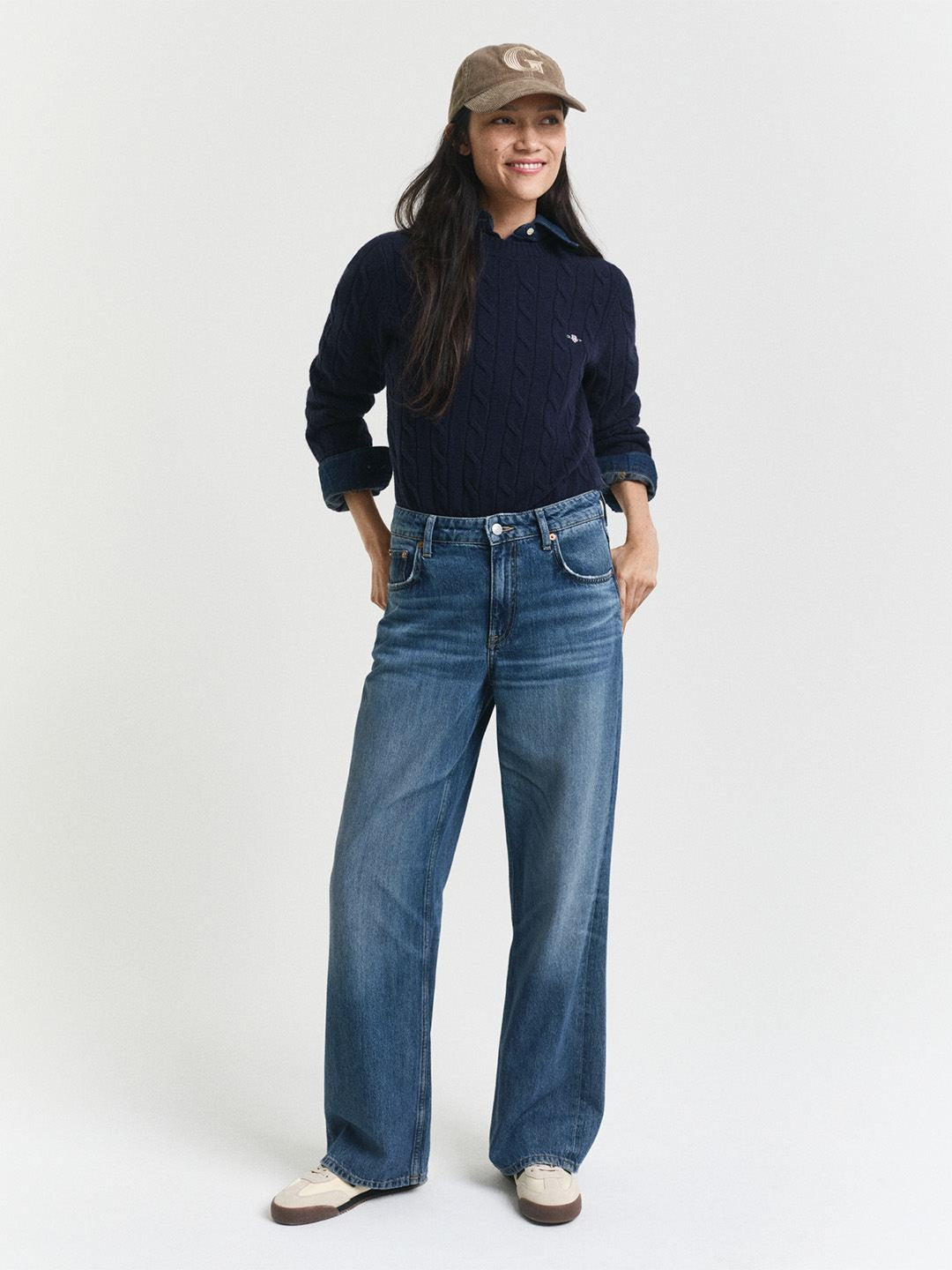 Gant Women Navy Blue Textured Regular Fit Lambswool Sweater